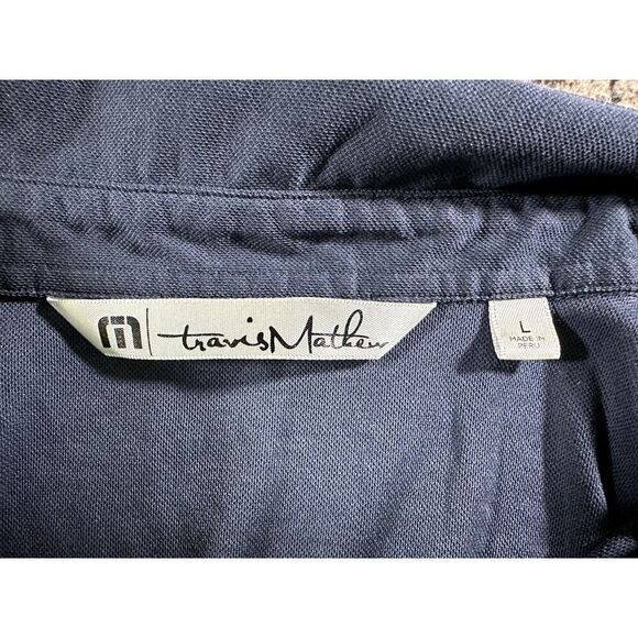 Travis Mathew Blocked Striped Polo Shirt Mens Lg Blue Gray Cotton Polyester - Picture 9 of 11